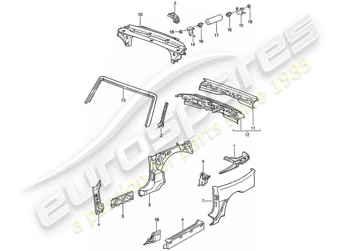 porsche 968 (1995) side panel - windshield frame - end plate part diagram