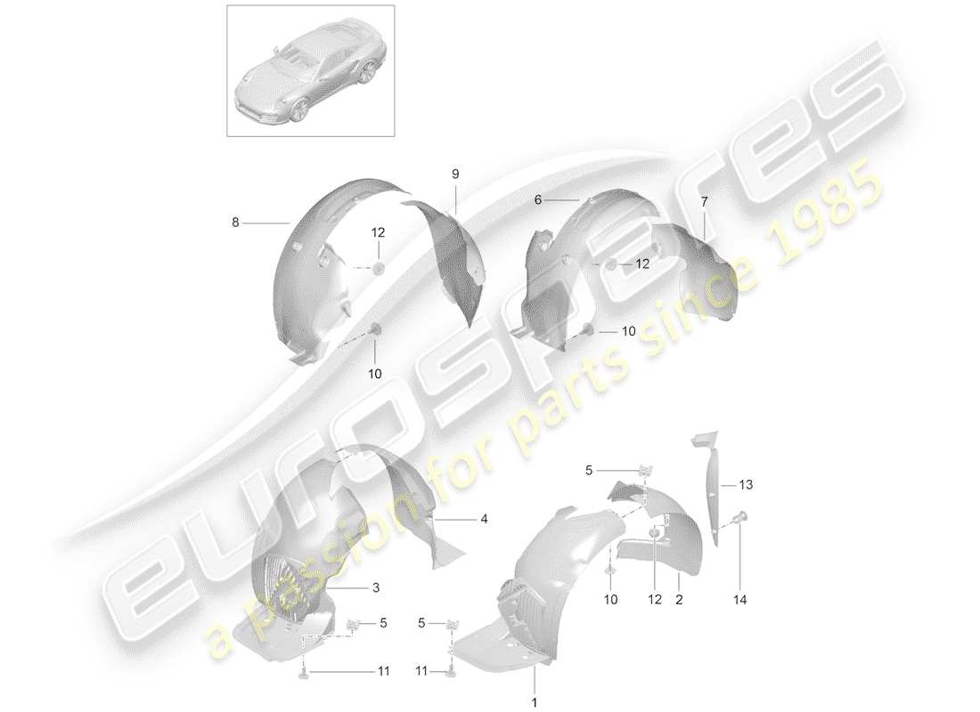 porsche 991 turbo (2014) wheelhouse protector part diagram