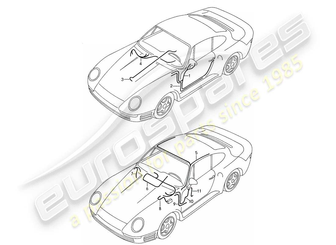 porsche 959 (1988) wiring harnesses - body shell - door part diagram