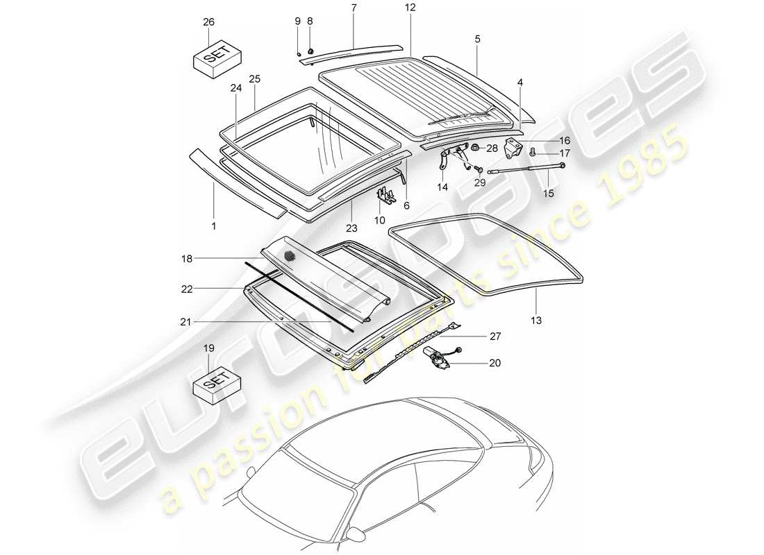 porsche 996 (2002) glass roof - trims part diagram