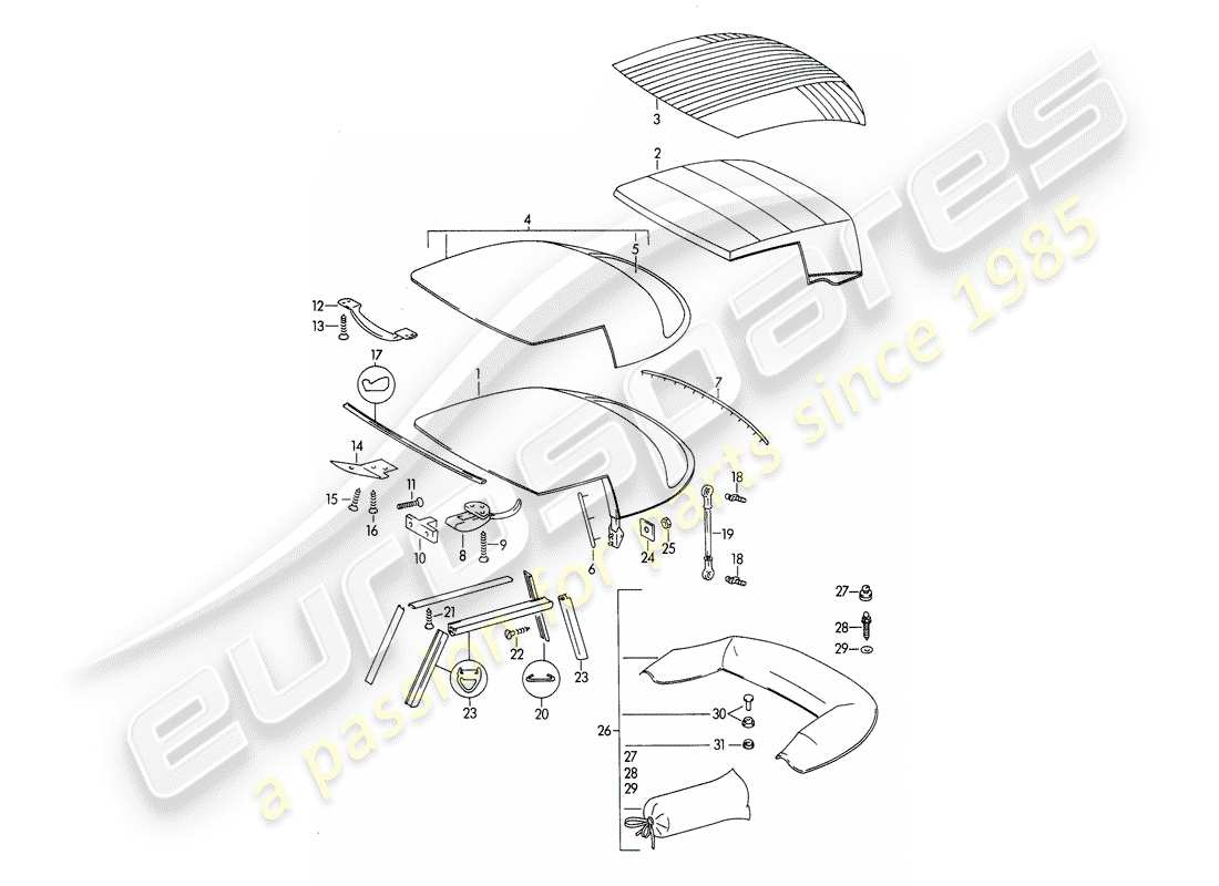 porsche 356b/356c (1963) convertible top - and - convertible top covering part diagram