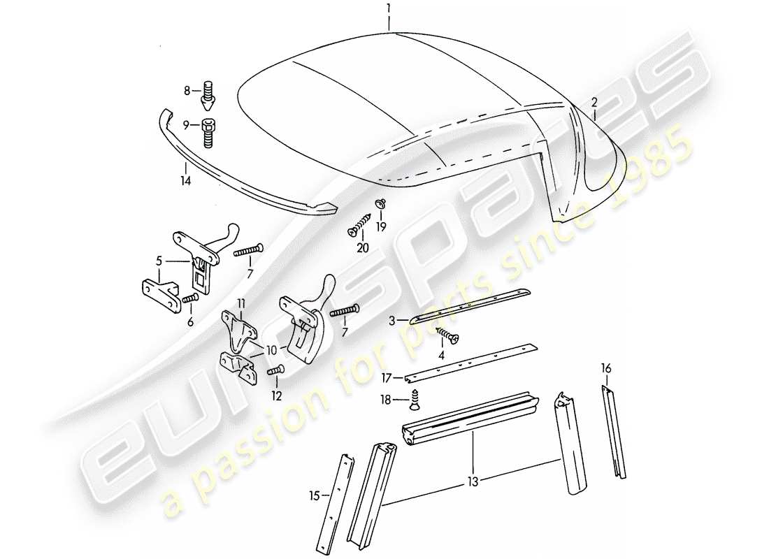 porsche 356b/356c (1961) convertible top - accessories part diagram