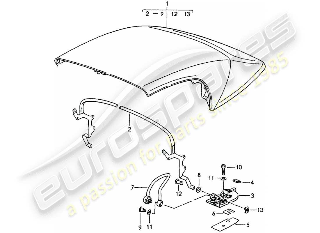 porsche 964 (1992) folding top - complete - main bow - single parts part diagram