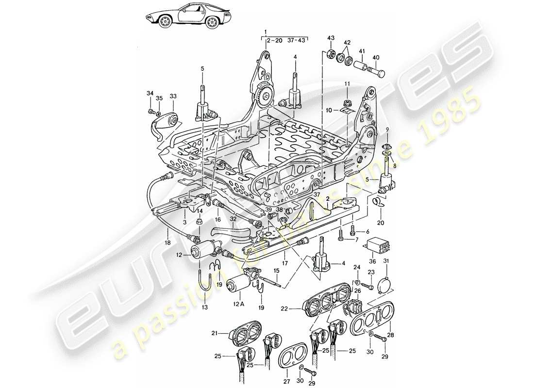 porsche seat 944/968/911/928 (1991) frame for seat - sports seat - electrically adjustable - d - mj 1985>> - mj 1986 part diagram