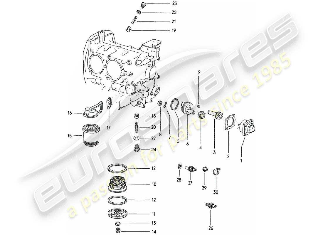 porsche 914 (1972) engine lubrication - oil pump - oil filter - oil strainer part diagram