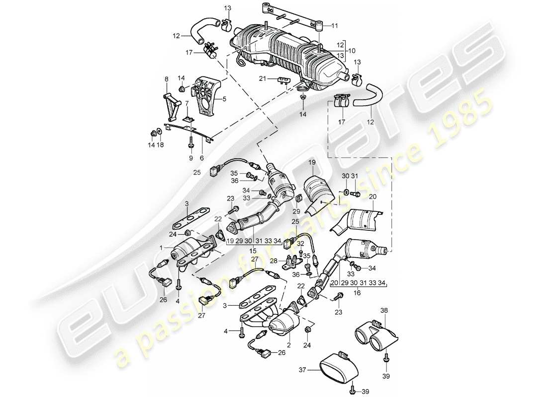 porsche boxster 986 (2003) exhaust system - m 96.21/22 - m 96.23/24 part diagram