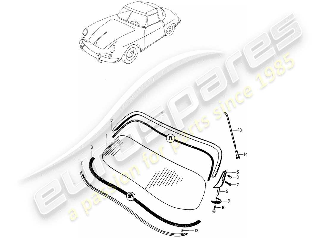 porsche 356/356a (1957) windshield glass part diagram