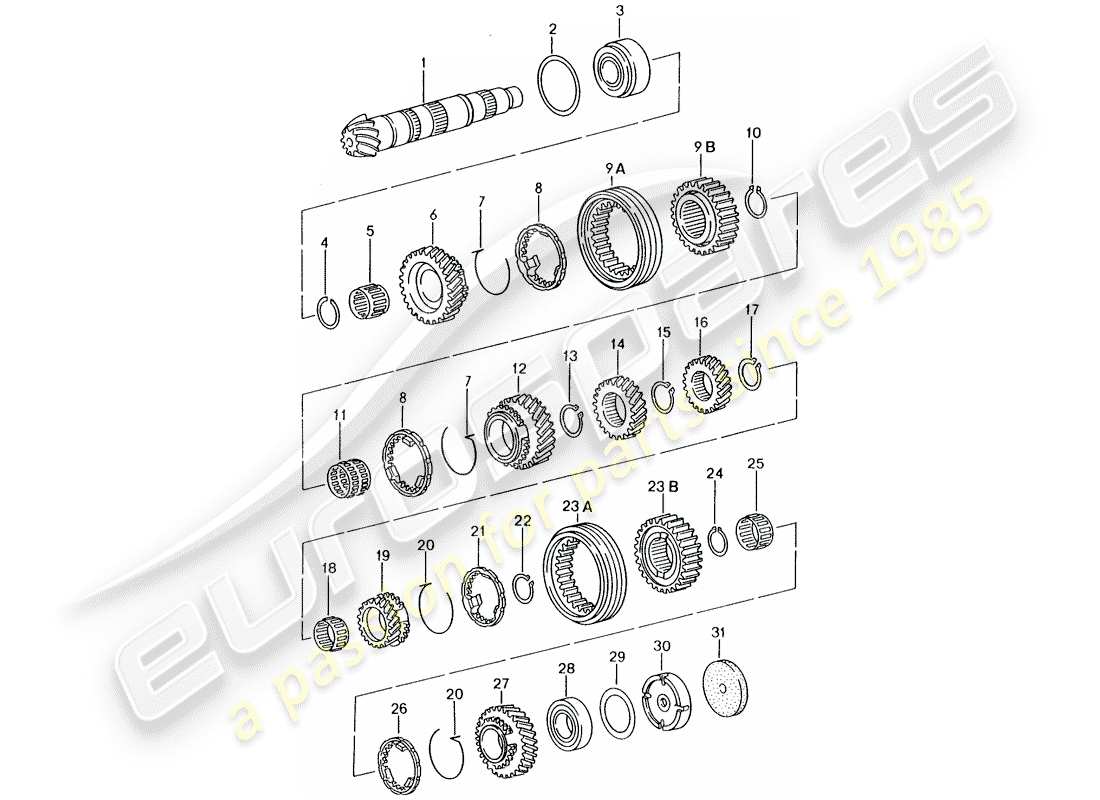 porsche boxster 986 (2003) gears and shafts - transmission - for transmission code: - d >> - mj 2004 part diagram