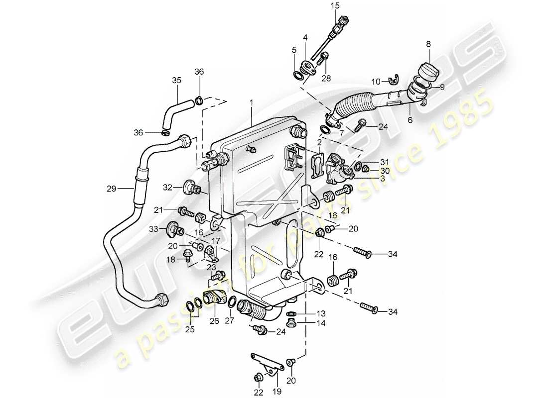 porsche 996 t/gt2 (2005) engine lubrication - oil tank part diagram