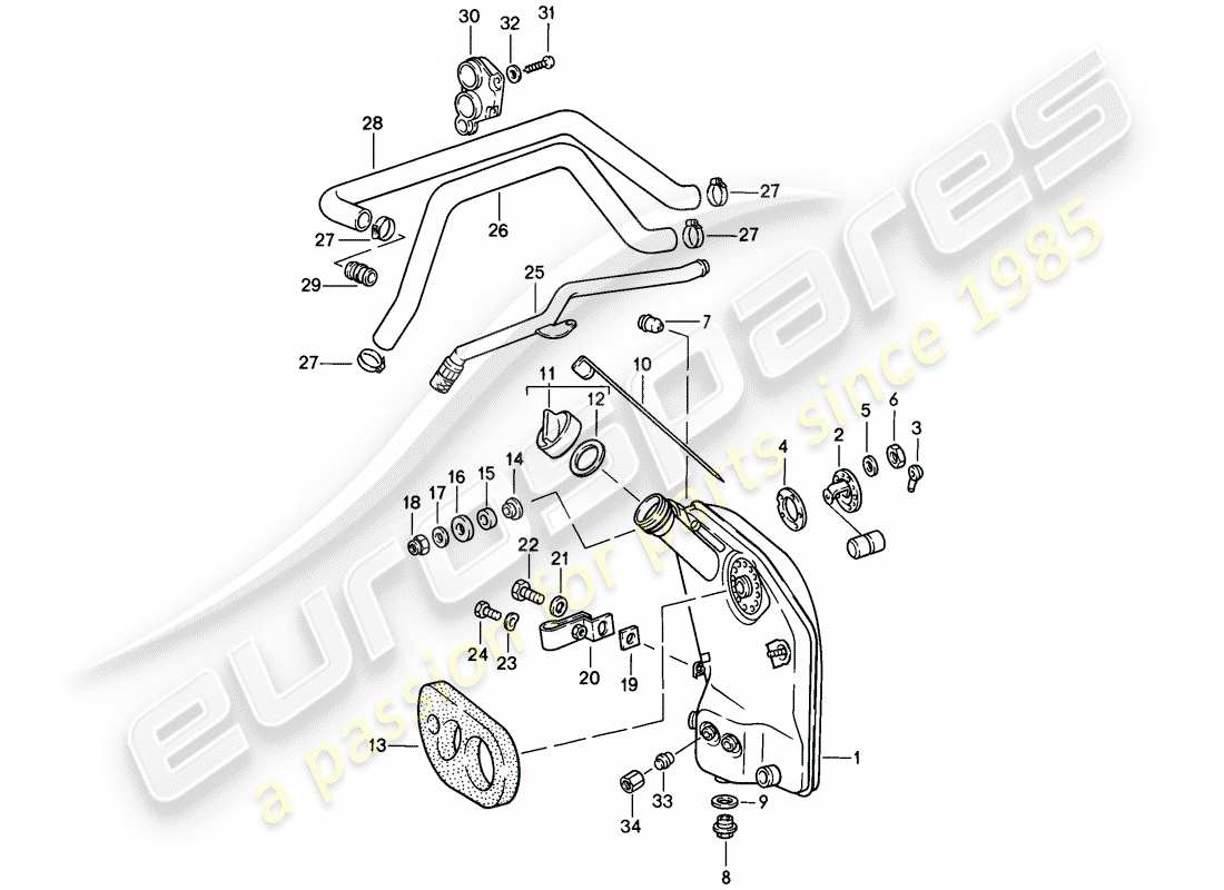 porsche 911 (1984) engine lubrication - oil tank - lines part diagram