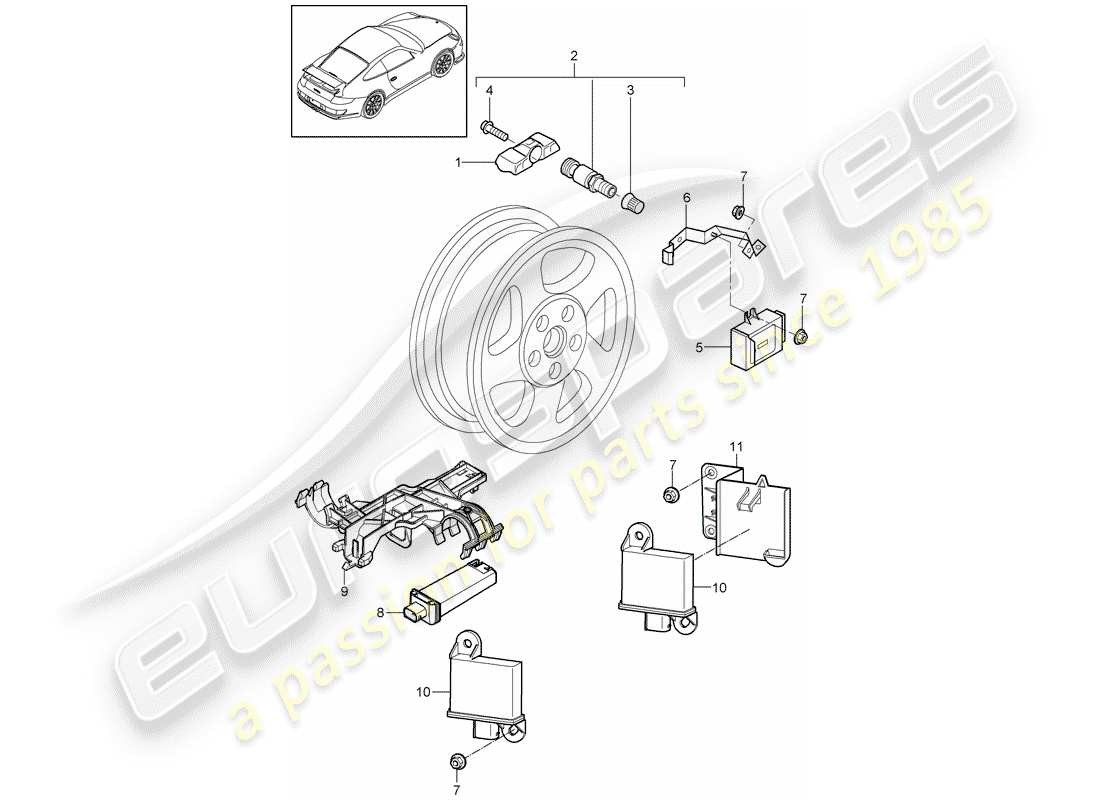 porsche 997 gt3 (2010) tire pressure control system part diagram