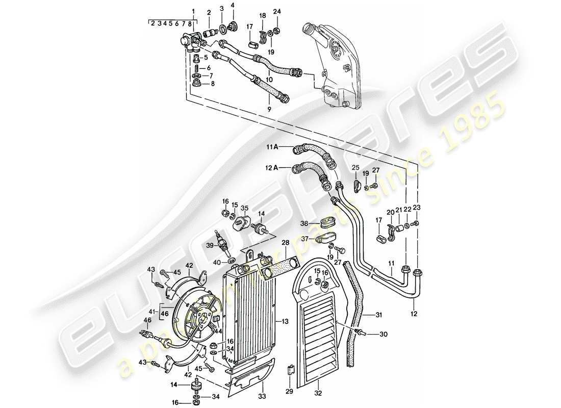 porsche 911 (1988) engine lubrication - oil cooler part diagram