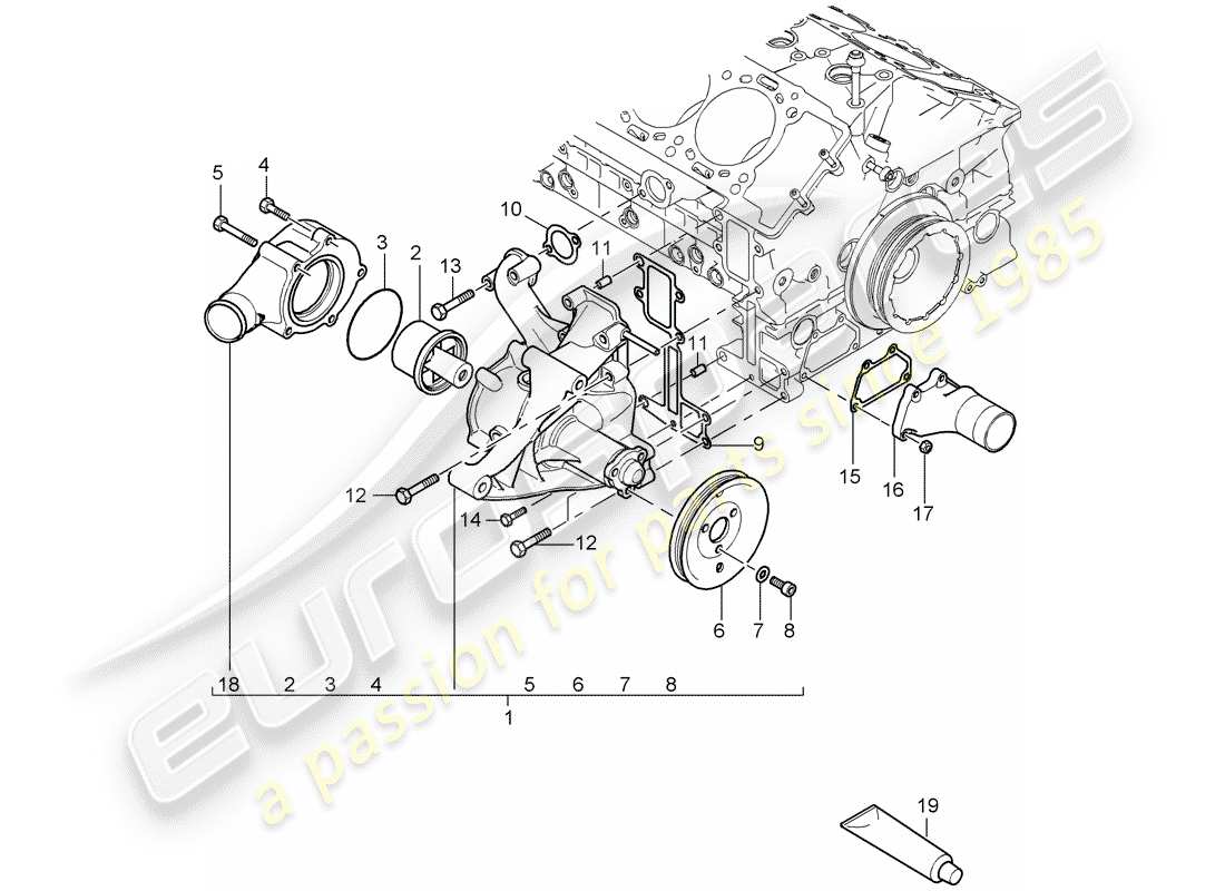 porsche carrera gt (2005) water pump - thermostat part diagram