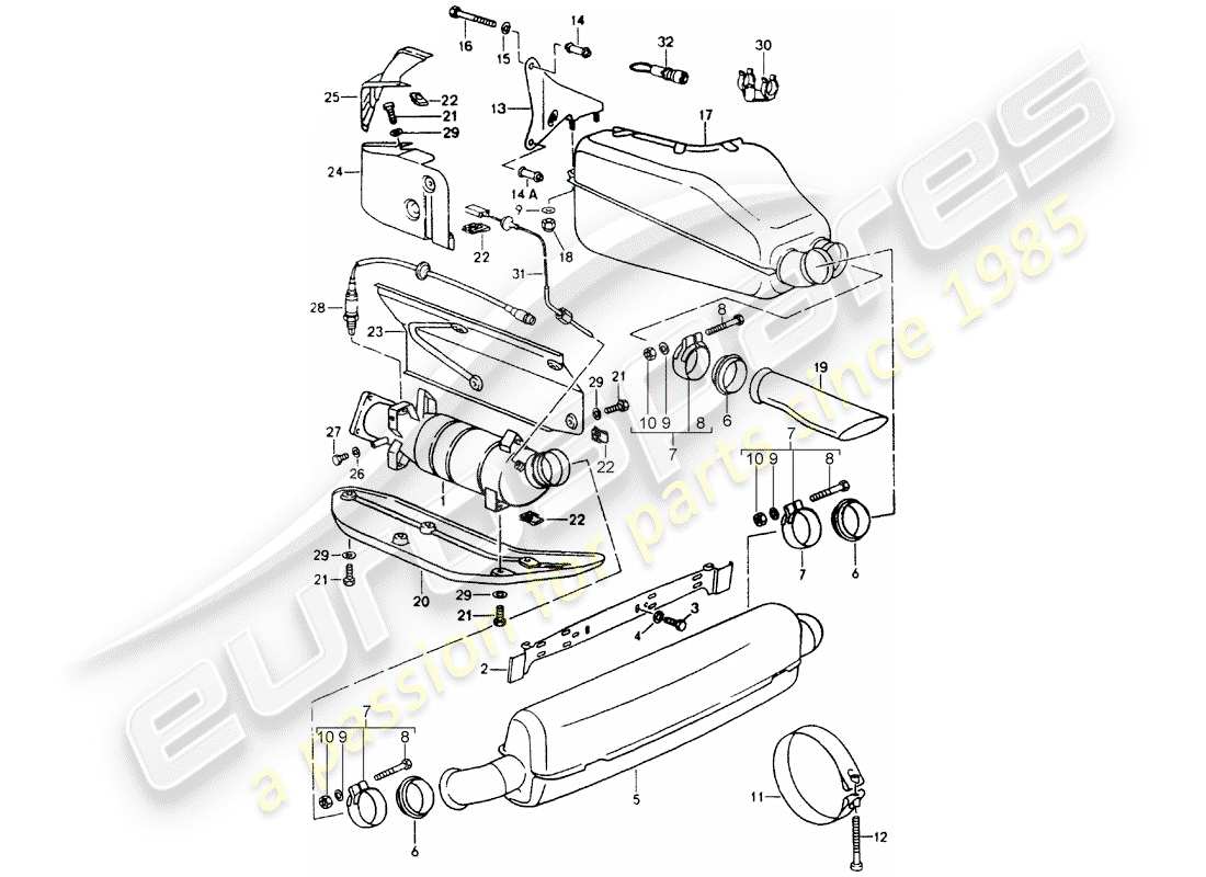 porsche 964 (1993) exhaust system - muffler - exhaust - catalyst part diagram