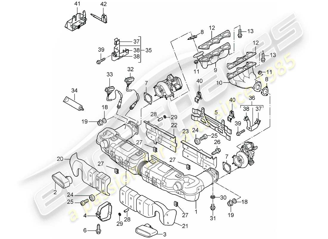 porsche 997 t/gt2 (2008) exhaust system part diagram