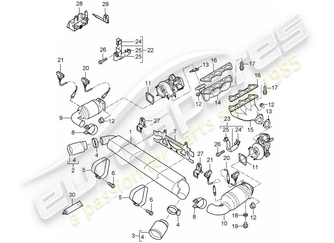 porsche 997 t/gt2 (2008) exhaust system part diagram