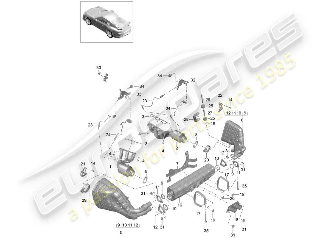 porsche 991r/gt3/rs (2018) exhaust system part diagram