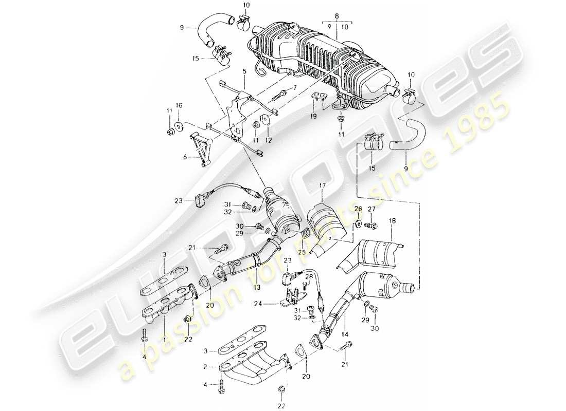 porsche boxster 986 (2003) exhaust system - m 96.20 part diagram