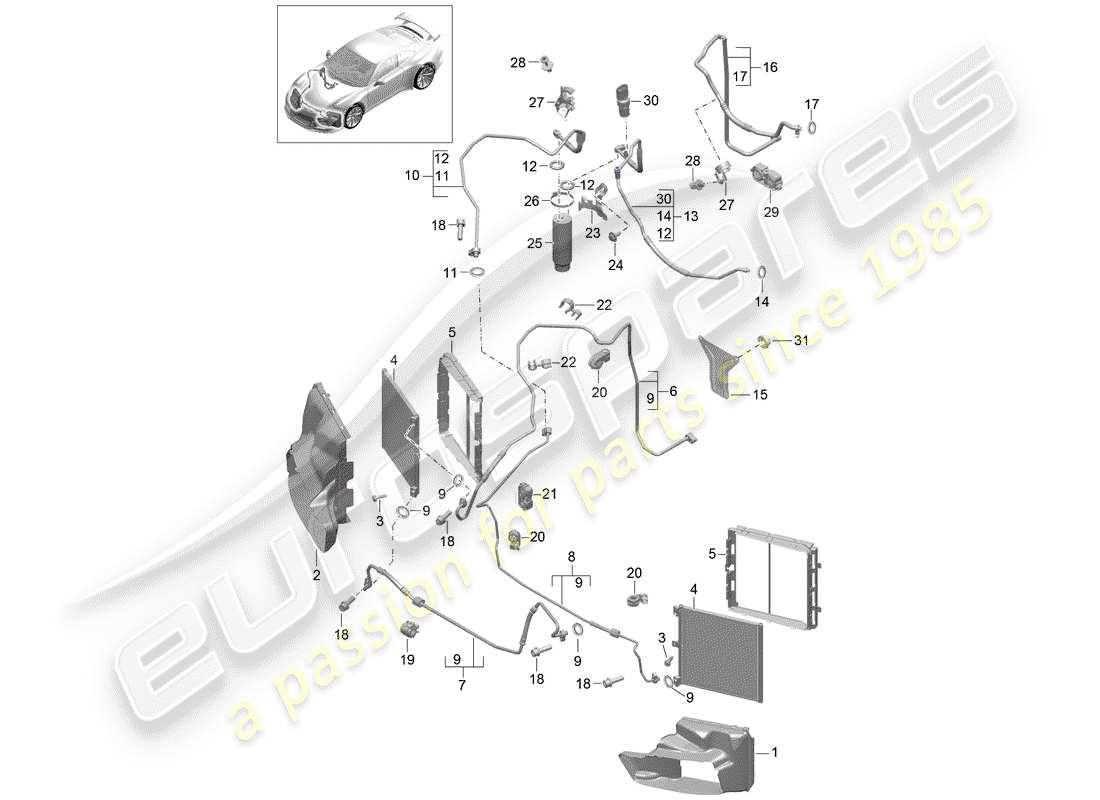 porsche 991r/gt3/rs (2019) refrigerant circuit part diagram