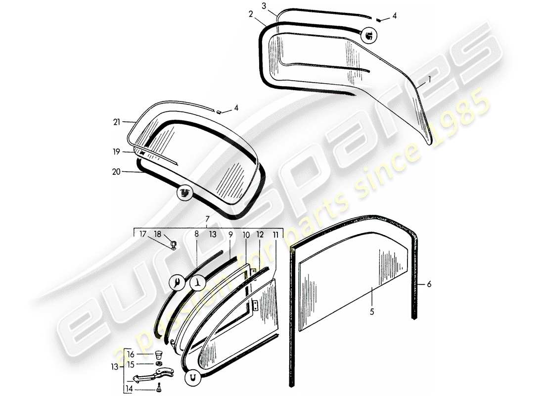 porsche 356/356a (1959) window glazing part diagram