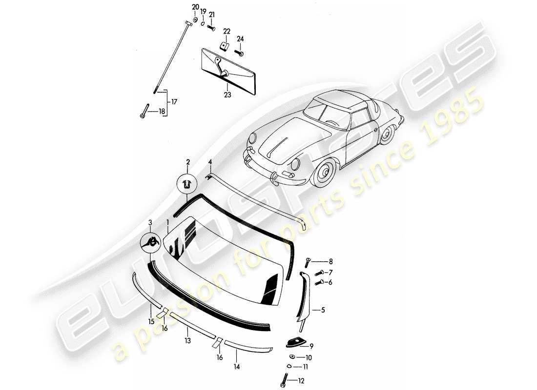 porsche 356b/356c (1962) window glazing part diagram