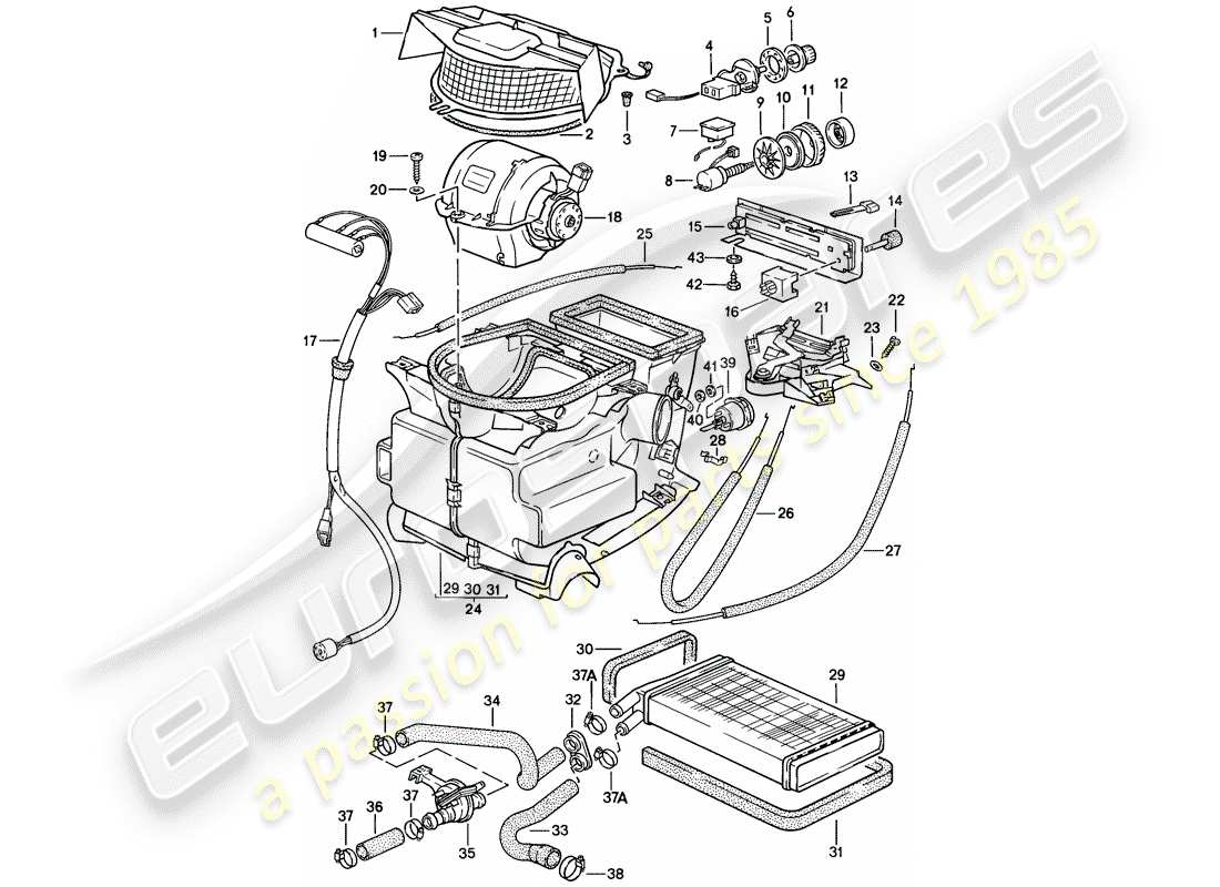 porsche 924s (1987) heater - fan - heater core part diagram