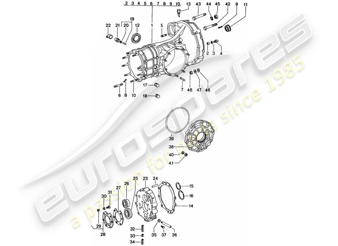 porsche 914 (1974) replacement transmission - transmission case part diagram