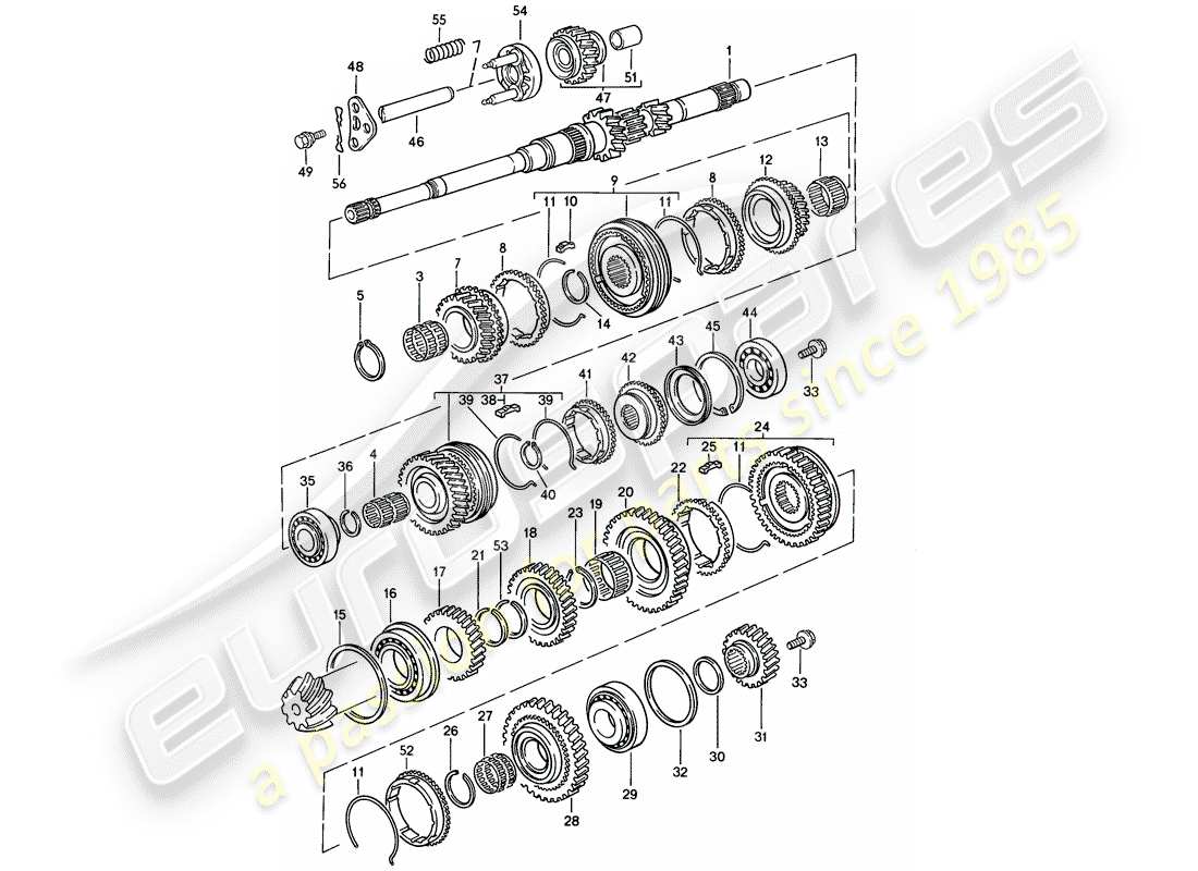 porsche 944 (1988) gears and shafts - manual gearbox part diagram