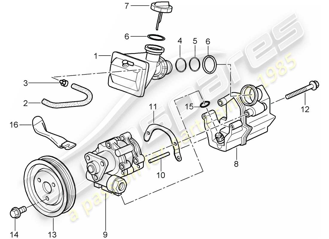 porsche boxster 986 (1997) power steering - power steering pump - for power steering - container part diagram