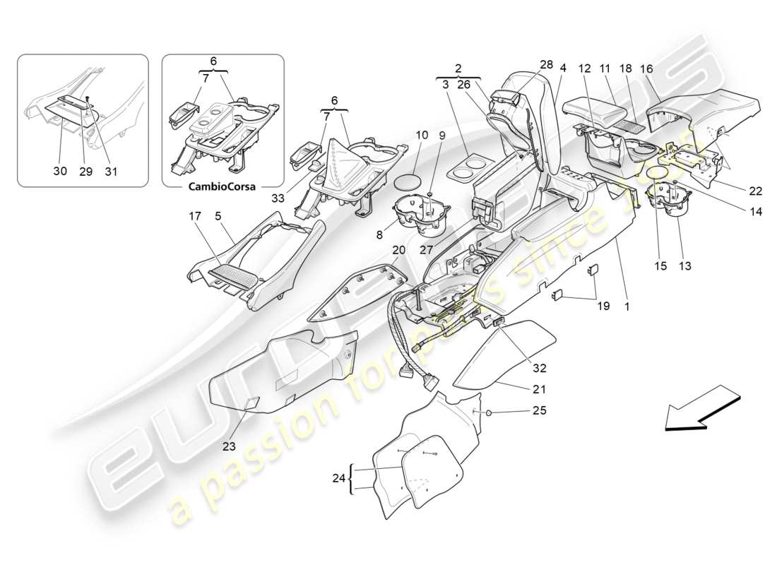 maserati granturismo (2009) accessory console and centre console part diagram