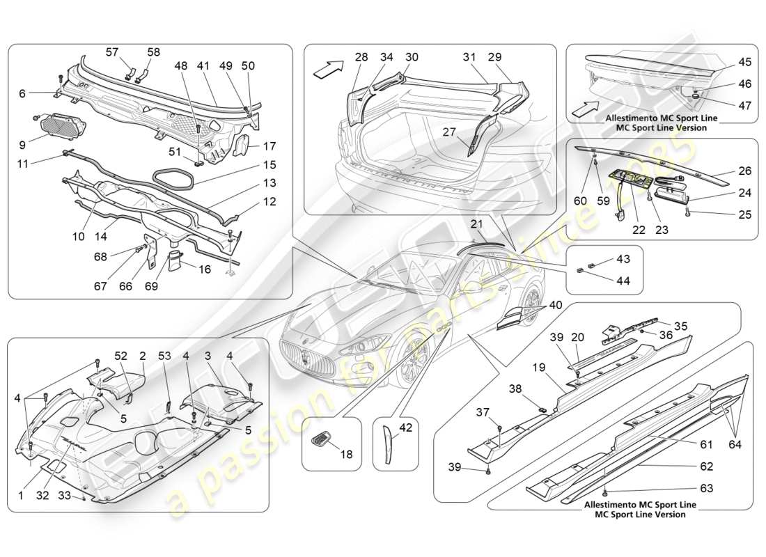 maserati granturismo (2015) shields, trims and covering panels part diagram