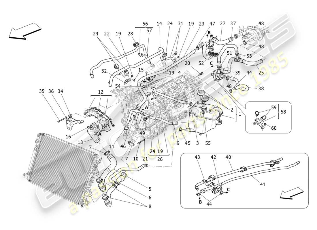 maserati qtp 3.0 bt v6 410hp (2014) cooling system: nourice and lines part diagram