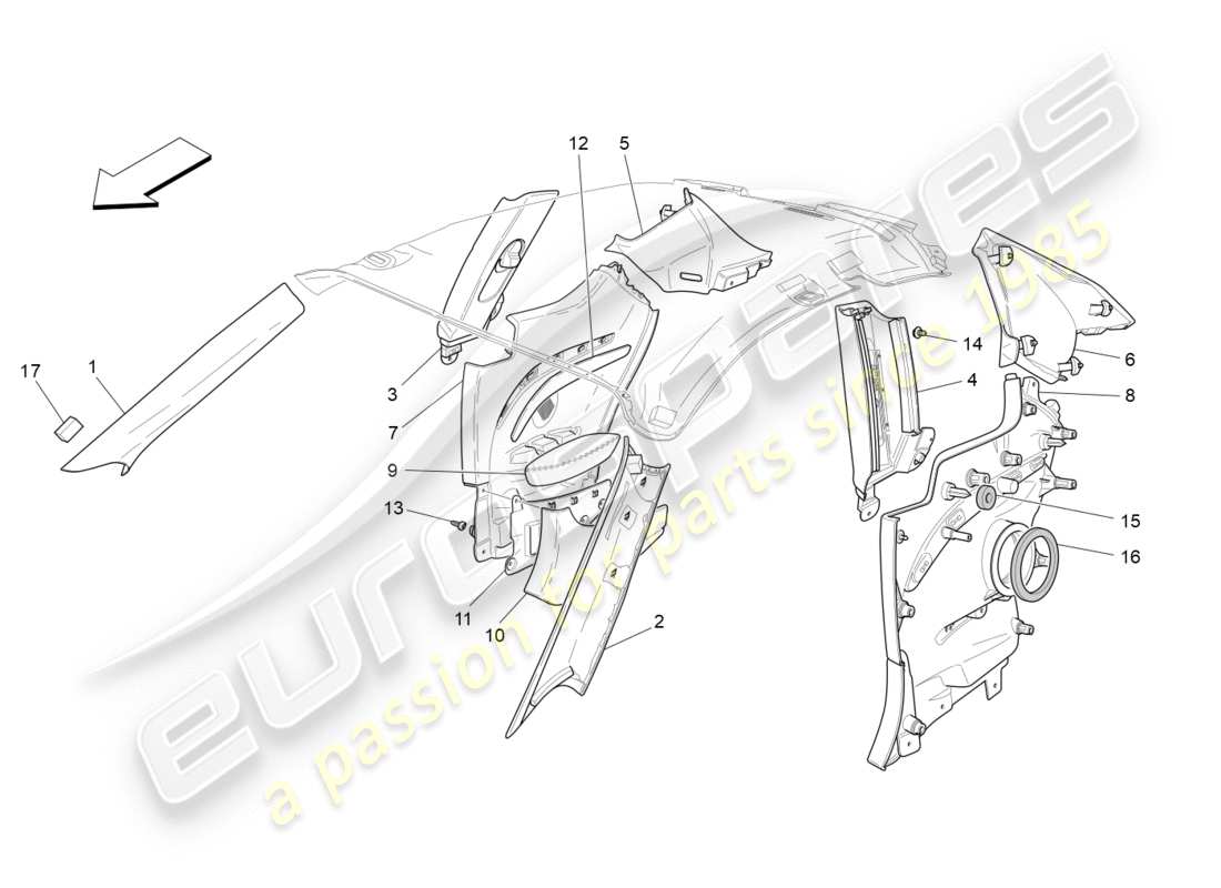 maserati granturismo s (2016) passenger compartment b pillar trim panels and side panels part diagram