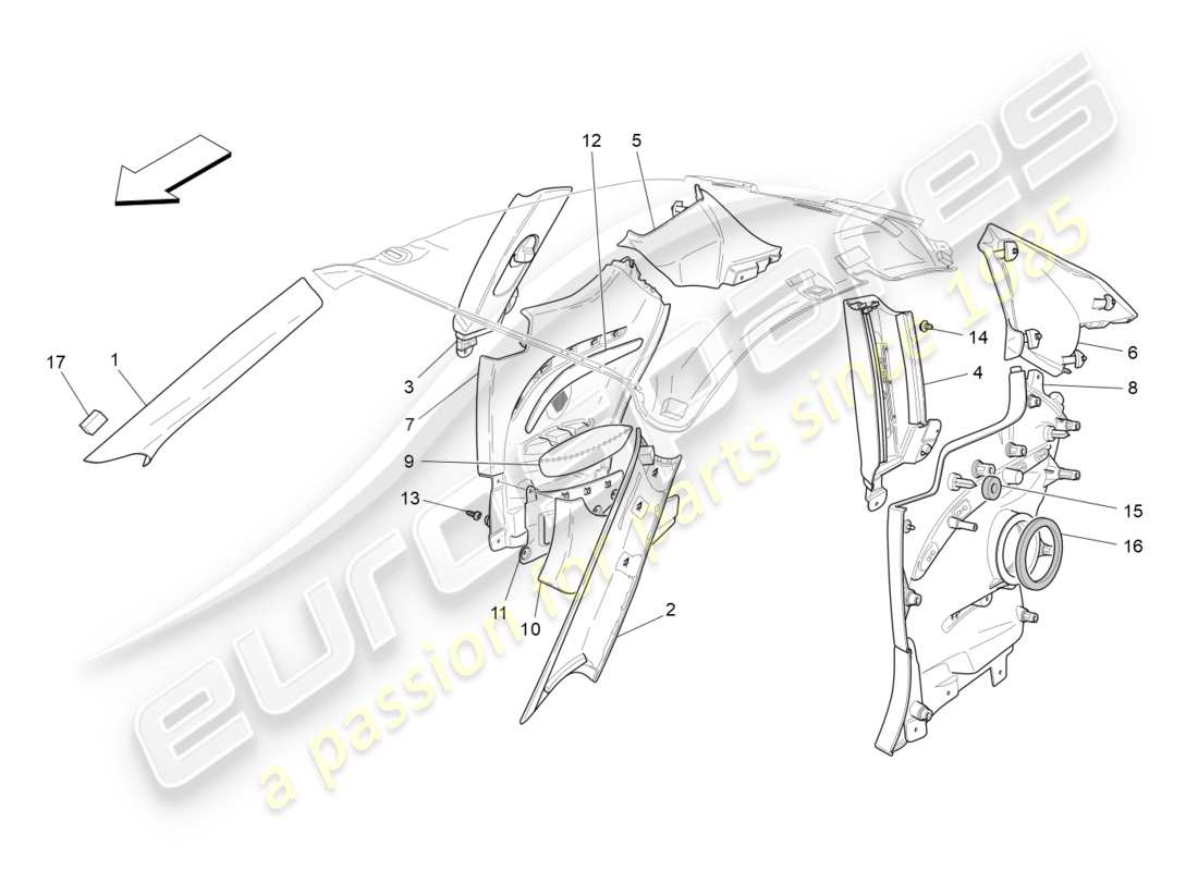 maserati granturismo s (2017) passenger compartment b pillar trim panels and side panels part diagram