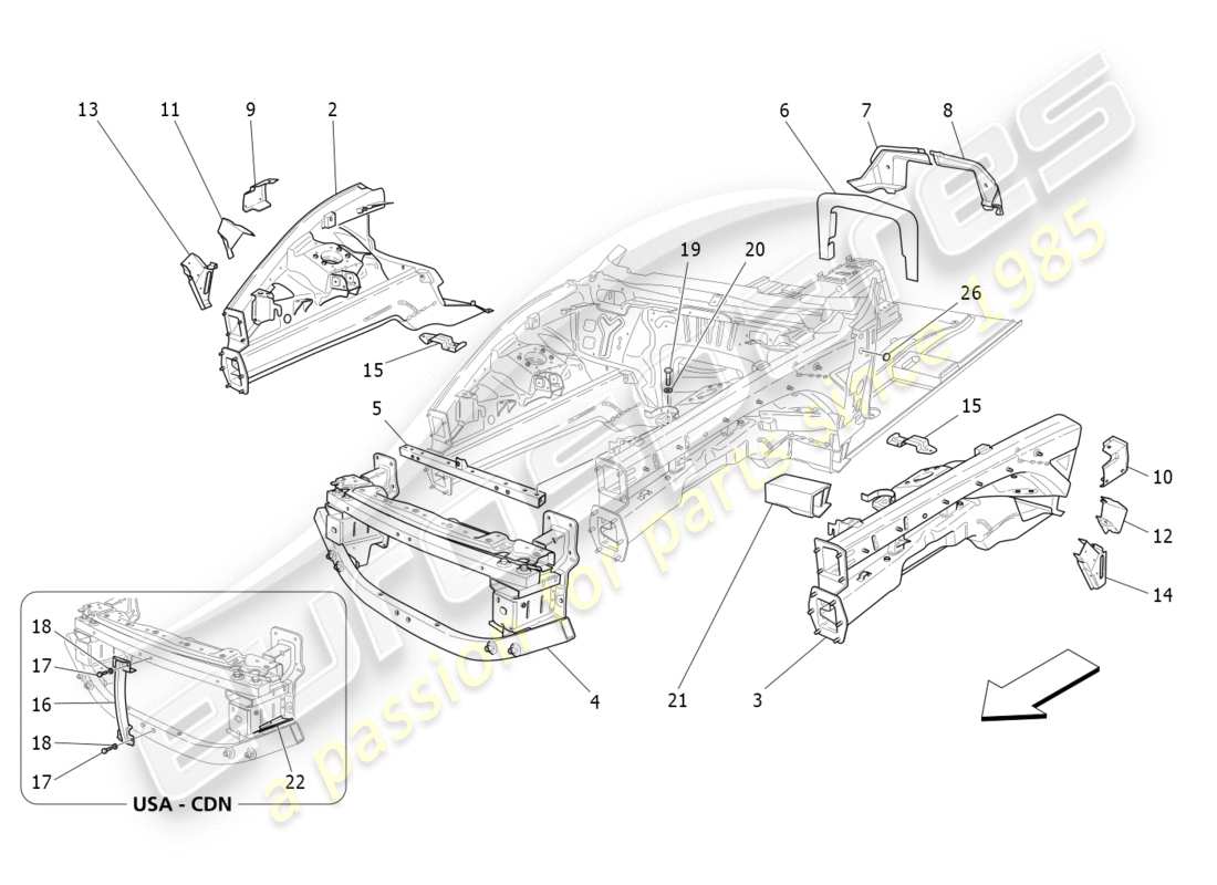 maserati granturismo s (2016) front structural frames and sheet panels part diagram