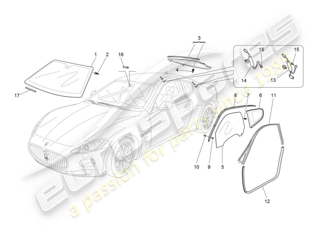 maserati granturismo (2008) windows and window strips parts diagram