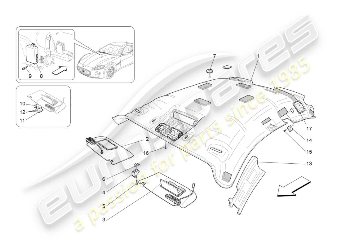 maserati granturismo (2010) roof and sun visors part diagram