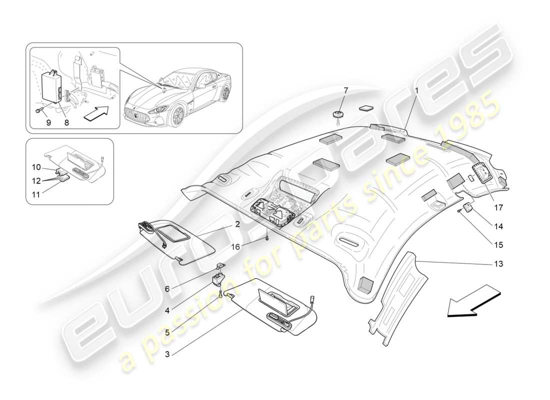 maserati granturismo s (2018) roof and sun visors part diagram