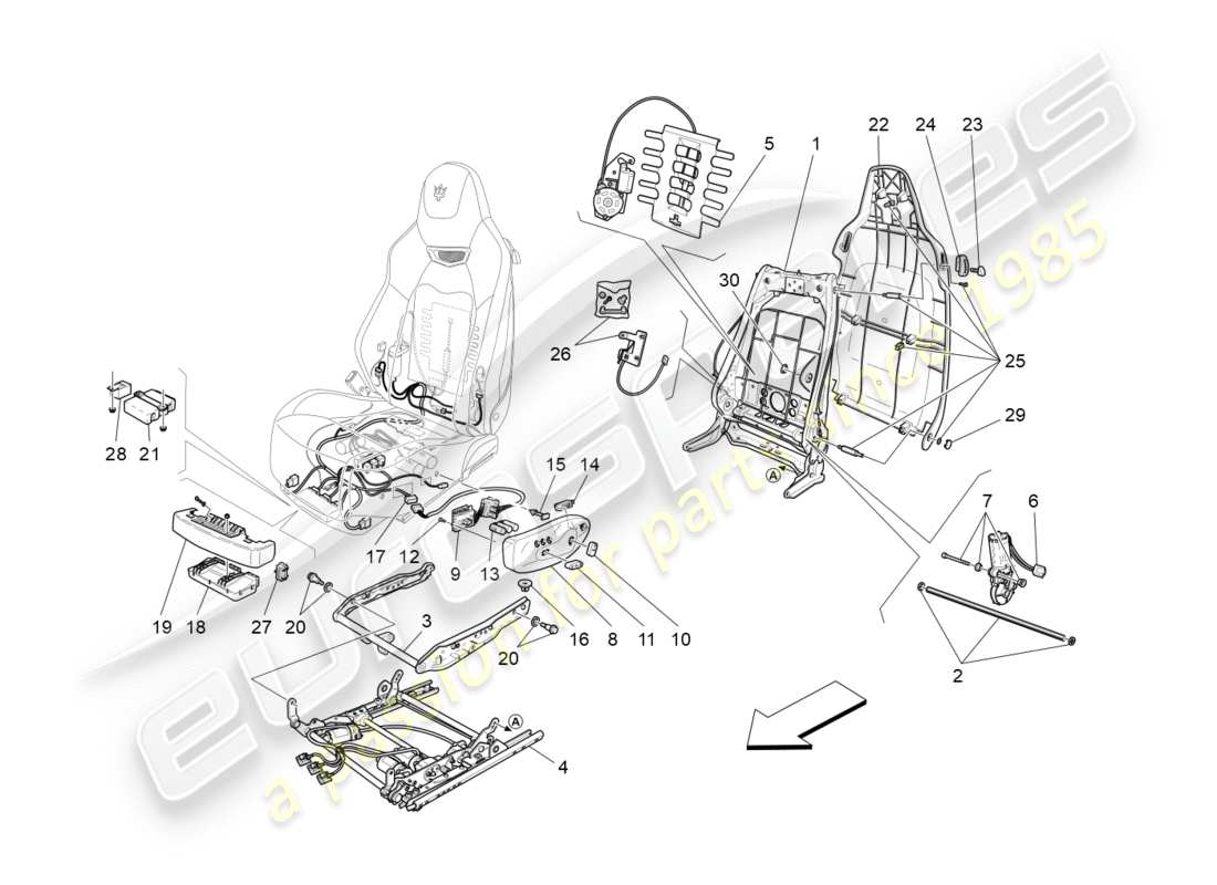 maserati granturismo s (2013) front seats: mechanics and electronics part diagram