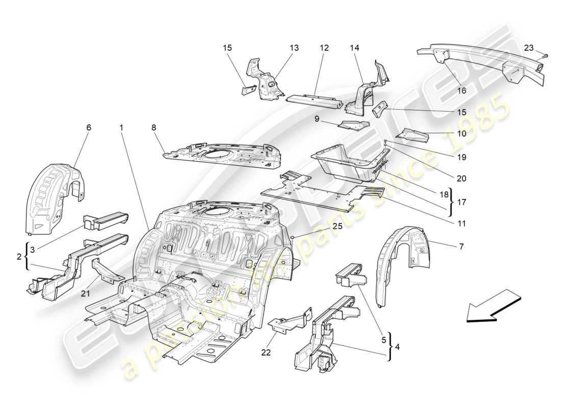 maserati granturismo s (2017) rear structural frames and sheet panels part diagram