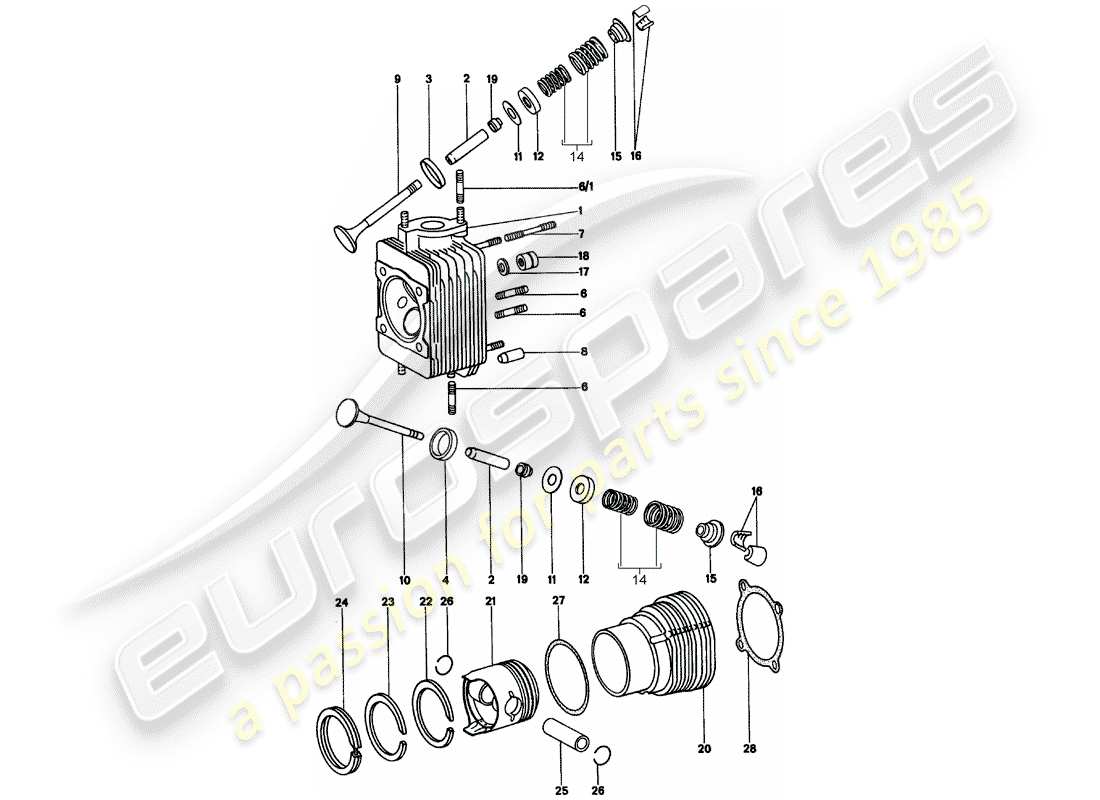 porsche 914 (1970) cylinder head - cylinder with pistons part diagram