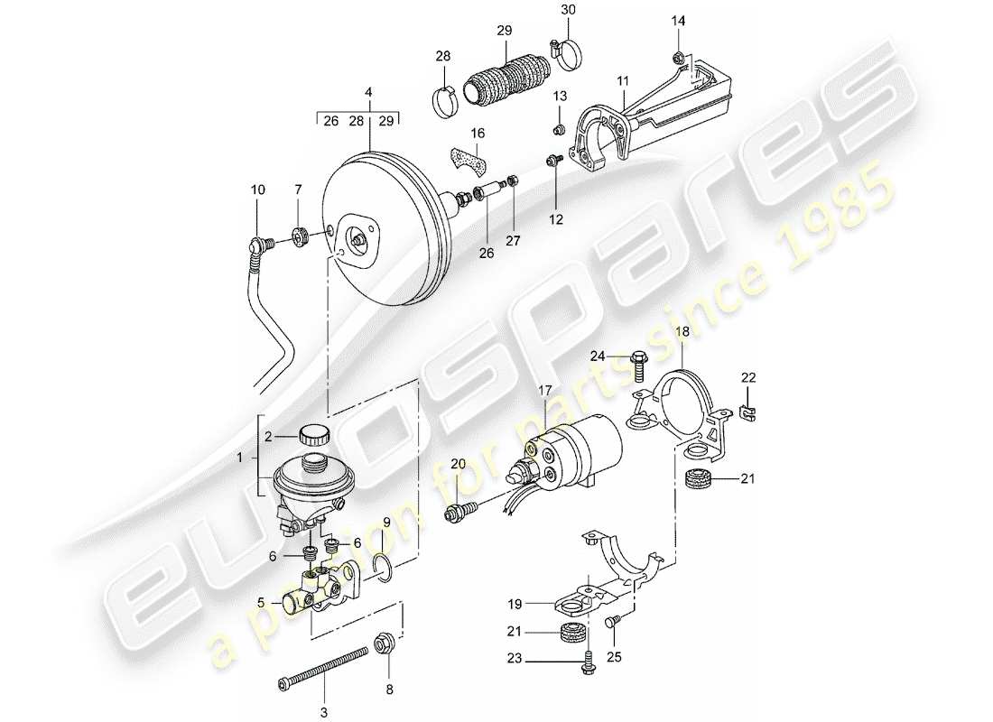 porsche 996 t/gt2 (2004) brake master cylinder - brake booster - clutch pump part diagram