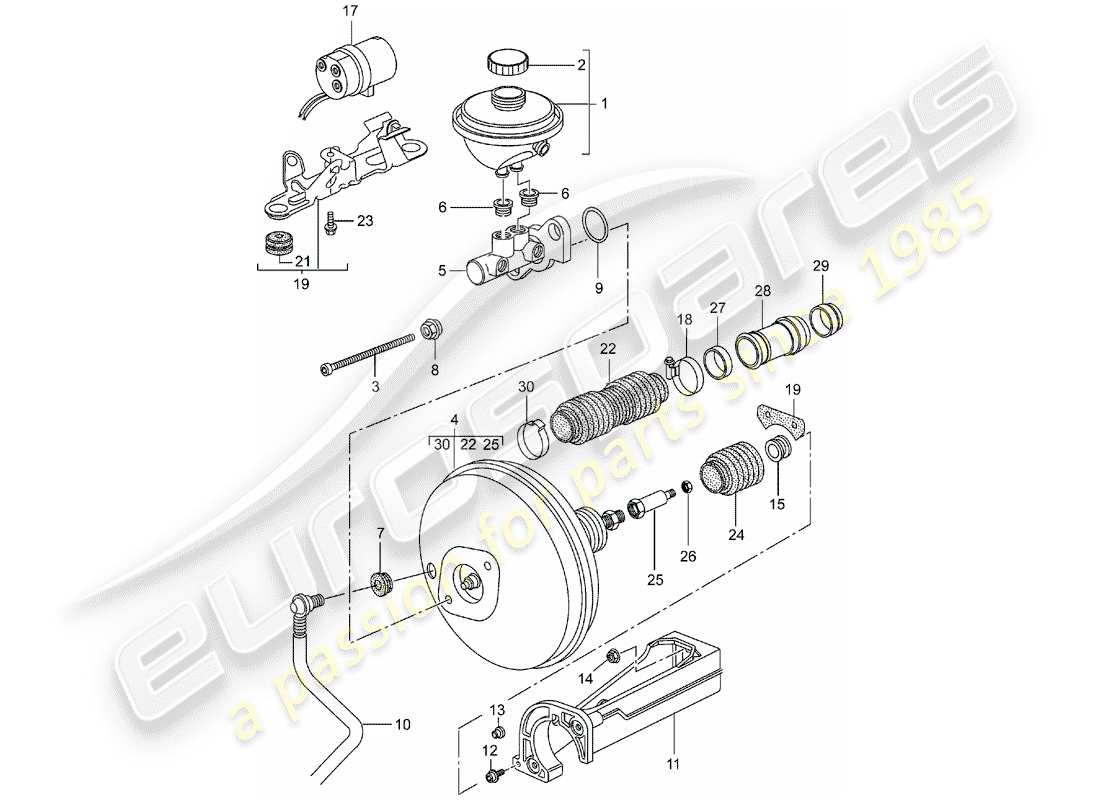 porsche boxster 986 (1999) brake master cylinder - brake booster - clutch pump part diagram