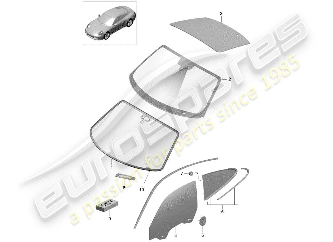 porsche 991 (2014) window glazing part diagram