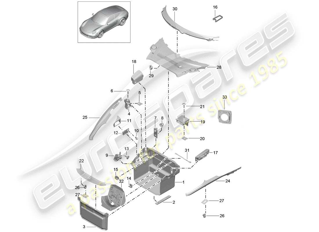 porsche 991 (2016) luggage compartment part diagram