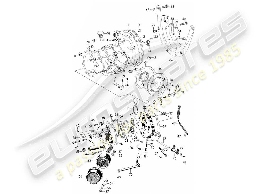 porsche 356/356a (1951) transmission case - with: - transmission suspension - for - tunnel transmission part diagram