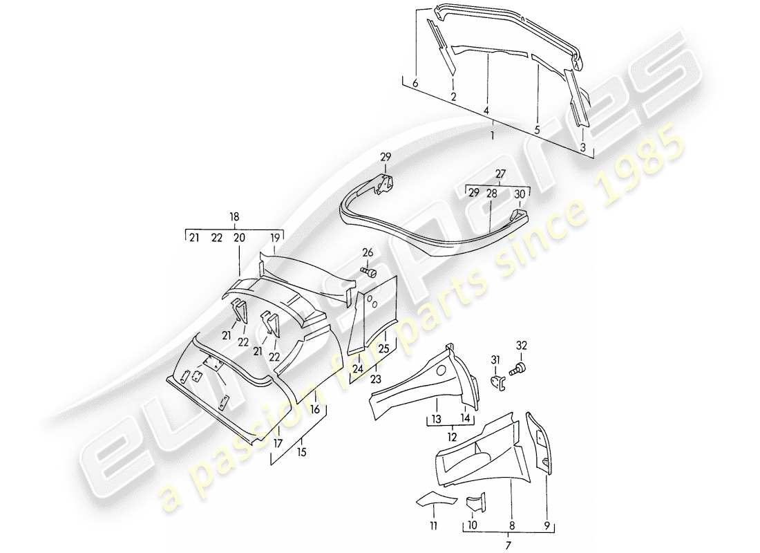 porsche 356/356a (1956) body shell - interior panelling part diagram