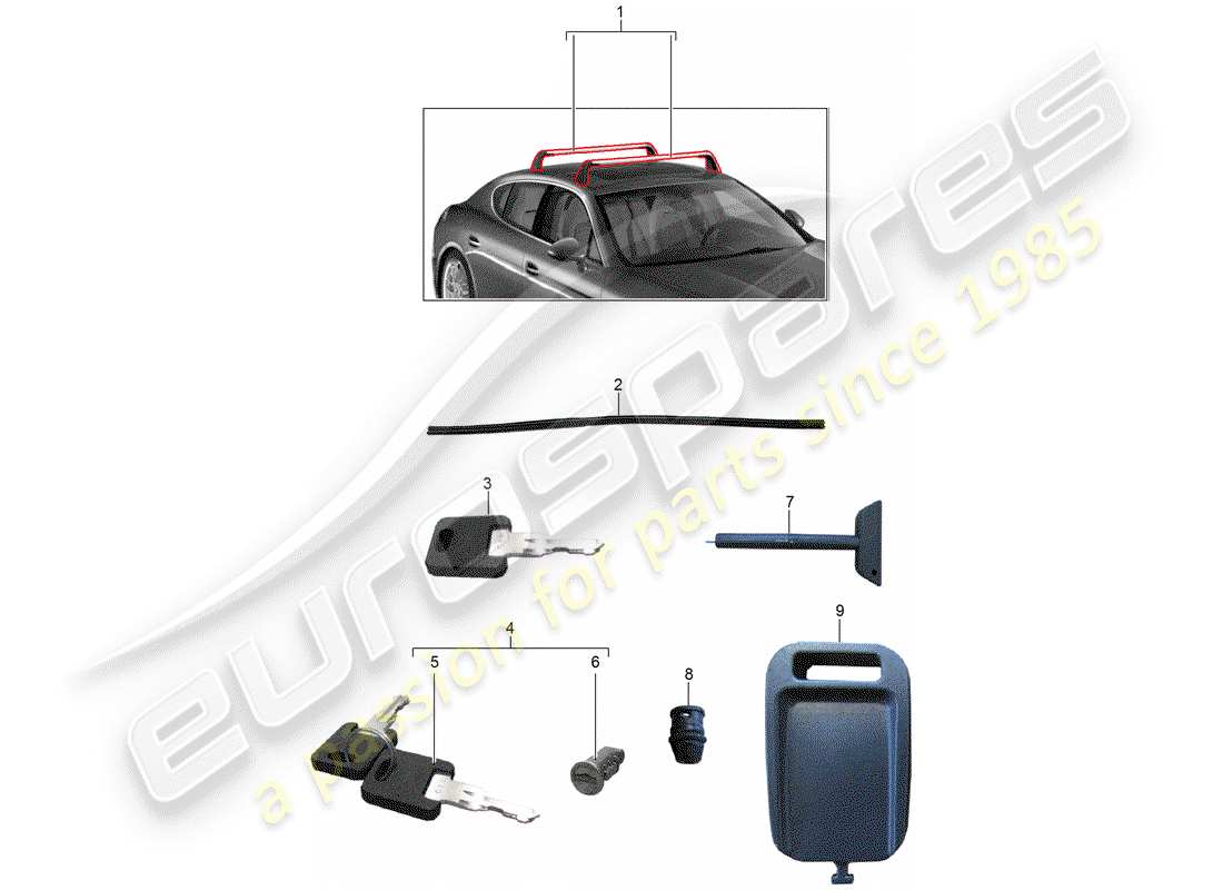 porsche tequipment panamera (2019) roof luggage rack part diagram