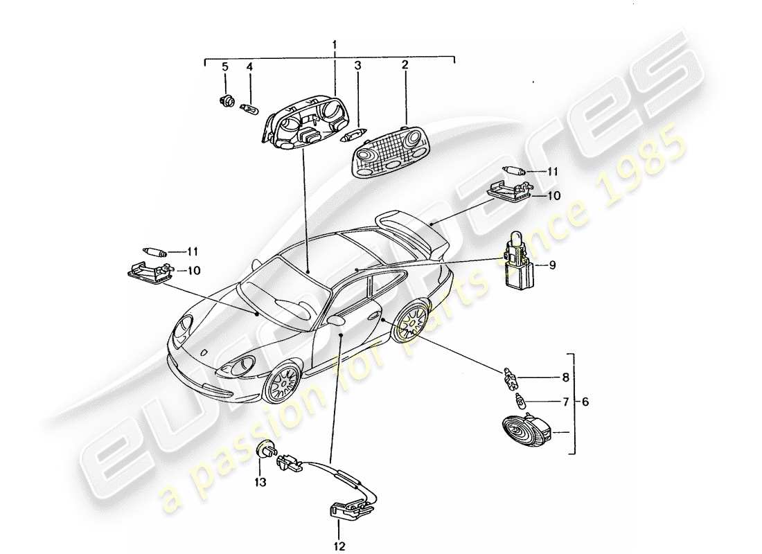 porsche 996 gt3 (2001) interior light - luggage compartment lamp - engine compartment light - glove box light - door handle ilumination - interior release part diagram