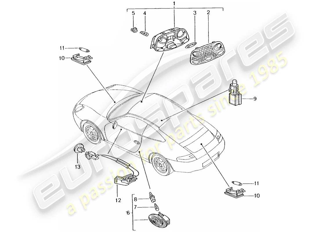 porsche 996 (2002) interior lighting - luggage compartment lamp - engine compartment light - glove box light - footwell light - interior release part diagram